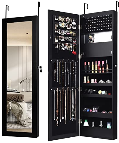 COSTWAY Armadietto Portagioie a Parete, Specchio Portagioie con 12 Luci LED, con Specchio a Figura Intera, Organizer per Gioielli a Muro, 37×9×119 cm (Nero)
