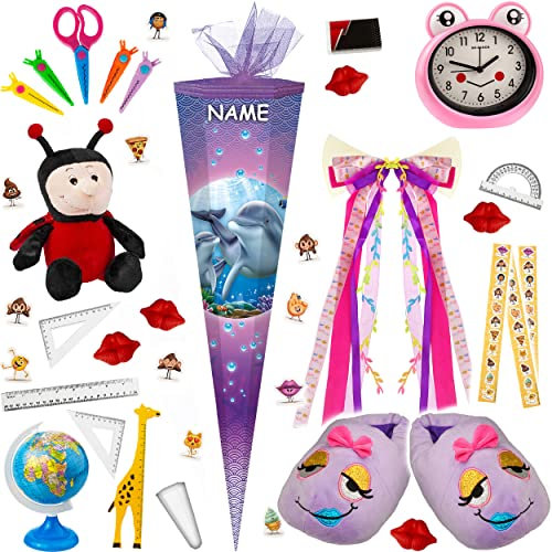 alles-meine.de GmbH Schultüte - mit 3D Glitzer - Effekt ! - Delfin & Fische - 50-85 cm - Größe wählbar - inkl. komplette Füllung + Name + Bänder Schleife + Kunststoff Spitze - ..