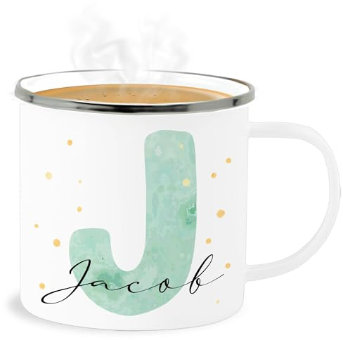 Emaille Becher Blechbecher - Tasse - Anfangsbuchstabe Personalisierbar mit Namen | Geschenk mit Initialen | Initialbuchstabe und Name individuell kombinierbar - 300 ml - Weiß Silber