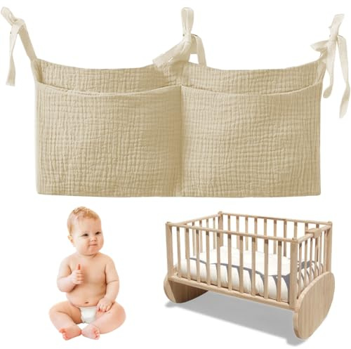 KOLZEMV Sac Rangement pour Lit Bébé, Sac de Rangement Suspendu, Suspendu Organisateur de Couches, Rangement Suspendu Lit Bebe avec 2 Poches, pour Stocker des Vêtements, des Couches, des Jouets