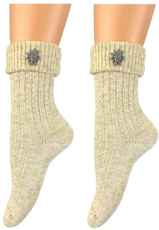 BF Souvenirs Calcetines tradicionales para hombre y mujer en estilo rústico moderno con pin, costura cosida a mano, calcetines de calidad con porcentaje de lino, Oktoberfest Volksfest, beige, 43-46