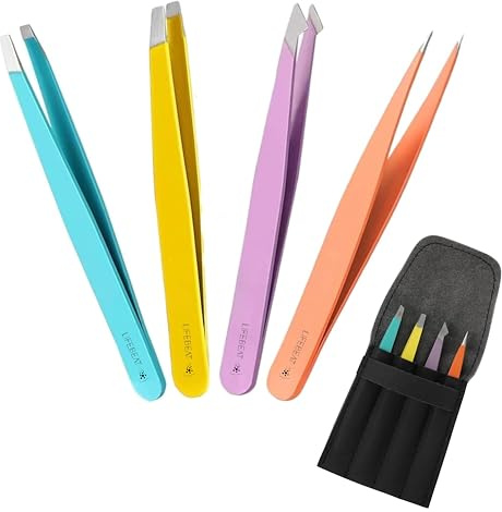 Tweezers for Facial Hair Women | Eyebrows, Eyelashes, Chin, and Lash Extensions | Perfect for Makeup, Beauty, Blackhead Removal and Ingrown Hair for All | 4-Piece Multi-Colored Set, Stainless Steel.