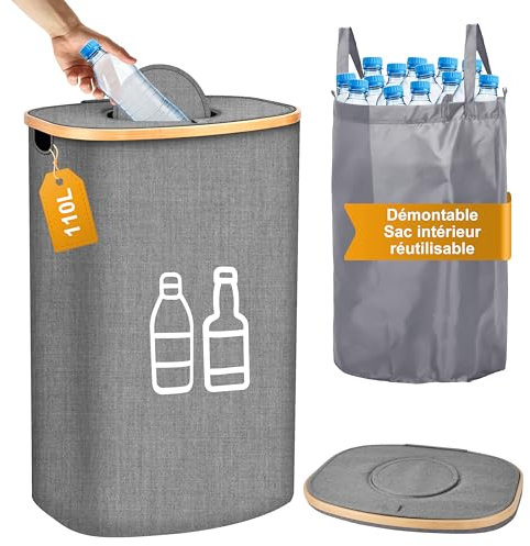 IEEILULU Raccoglitore di Bottiglie, 100L Pattumiera Differenziata per Bottiglia Plastica Bottiglia Vetro, Contenitori Raccolta Differenziata Interno, Bidone Raccolta con Foro per Cucina (Grigio, 110L)