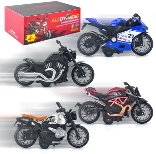 4-Pack Pull-Back Motorcycle Toys Set for Kids - Friction Powered with Lights,Sounds & Automatic Drive,Diecast Motorcycle Model Toys for Age 2-4,Birthday Gifts for Toddler Age 3-5