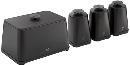 SWAN Stealth Bread Bin, 16L Capacity, Simple Pull Lid and Set of 3 Storage Canisters for Coffee/Sugar/Tea & Other Loose Ingredients, Airtight Lids, 1.3L, Black
