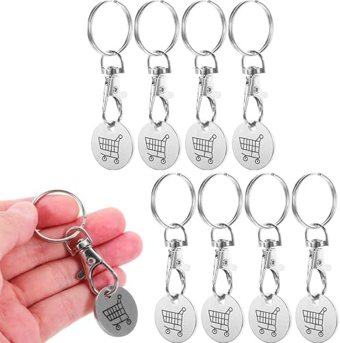 8 PCS Trolley Token, Handcart Tokens, Trolley and Lockers Coin, Trolleys Coin Keyring, Durable Metal Shopping Token with Key Clip for Shopping Trolley Gym Lockers, for Locker Trolleys Use (Sliver)