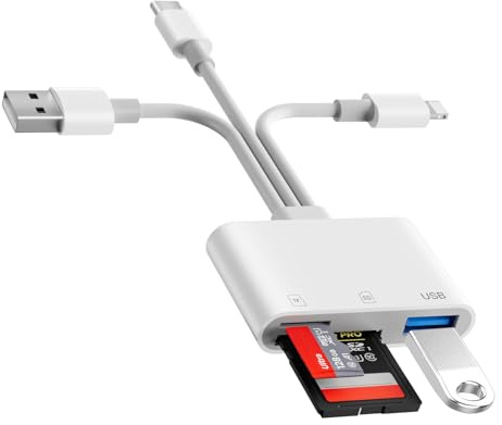 Clomnpe Lector Tarjetas SD para iPhone/USB-C/USB-A, [Certificado Apple MFi] Lector de Tarjetas SD con SD/Micro SD/TF/USB Puerto, Compatible con Teléfonos, Computadoras Portátiles, PC y Cámaras