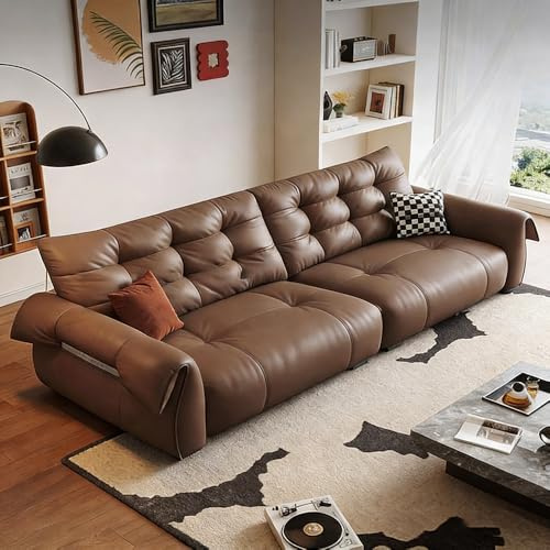 Italiensk lyxig modern enkel lädersoffa, massiv träram, rymlig och mjuk soffa, modern stor storlek, lämplig för vardagsrum/kontor/lägenhet.