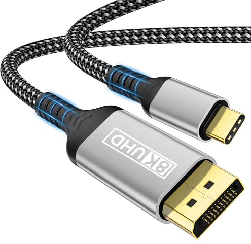 USB-C-kabel till DisplayPort 1.4, 2m 8K@60Hz/30Hz, 4K@240Hz/144Hz, HDR, VRR, Thunderbolt 4/3 DP1.4, kompatibel med iPhone 17 Pro/17 Pro Max/16/15, MacBook Pro/Air, Mac, iPad Pro/Air 5, Surface Pro och
