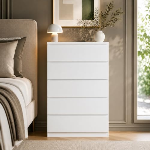 GOKHOMX Cómoda 5 Cajones Blanca 60 cm sin Asas, Mueble de Almacenaje Multifuncional para Dormitorio de Adultos y Niños, Aparador Moderno con Antivuelco, Ahorra Espacio 40 cm de Fondo