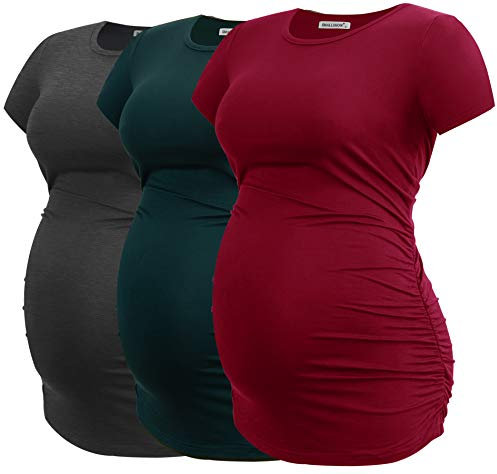 Smallshow Damen Umstandsmode Tops Seitlich Geraffte Schwangerschafts Umstandstop 3er Pack Deep Green-Deep Grey-Wine M
