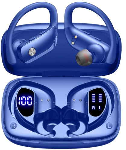 bmani Ear Buds Wireless Earbuds Bluetooth Headphones with 80H Playtime LED Display Case, Over-Ear Hook with Mic, Stereo Sound, Easy Button Controls, Sports Earphones for Running Workout Gym Blue