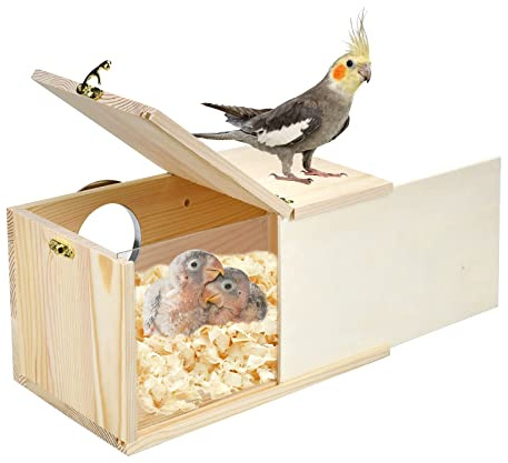 Vehomy Parrot Breeding Nest Box Parakeet Nesting Box Wood Bird Nest Breeding Box House Acrylic Transparent Bird Box with Detachable Wooden Board for Lovebirds Cockatiel Budgie Conure L