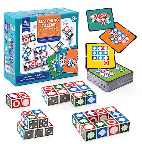 Wisplye Juego de Rompecabezas de Madera, Puzzle Bloques Construcción de Madera, Juegos de Mesa con 20 Cubos 60 Cartas Montessori Educativos Juguete para Adultos y Niños 3+ Años