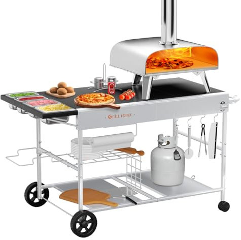 GRILL FORCE Tavolo da forno per pizza con stazione di copertura, carrello per forno per pizza all'aperto, tavolo grill per esterni, carrello per grill, carrello da lavoro per preparazione cibo, adatto