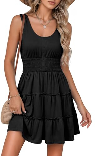Dokotoo Womens Summer Dresses Sleeveless Button Down Smocked Waist Ruffle Tiered Casual Swing Mini Graduation Dress Beach Vacation Clothes for Women Sun Tshirt Sundress Outfits Black Large
