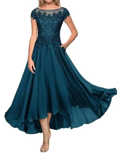 Sincemeet Abito della Madre della Sposa Abito da Sera Lungo Formale in Pizzo Abito da ospite di Nozze in Chiffon a Maniche Corte