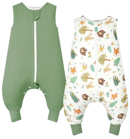WYTbaby 2 Pack Saco de Dormir con Pies 1.0 TOG 100% Algodón Saco Dormir Bebe para Niños y Niñas, Animal Forestal + Verde Claro