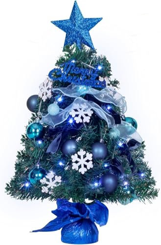 NALONE Mini Snow Flocked Christmas Tree with Lights and Timer, 24 Inch with 27 Pcs Ornaments, 90 Branch Tips Tabletop Tree for Holiday Decoration Blue