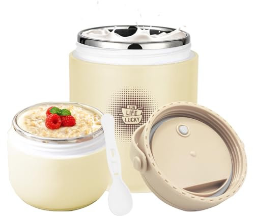 Chedin Thermobehälter für Essen, isolierter Edelstahl Joghurtbecher,730ml Auslaufsicher joghurtbecher to go mit löffel und Deckel,Doppelschicht Essensbehälter,perfekt für Suppen,Speisen,Müsli(Gelb)