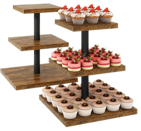 IBUYKE 3 Livelli Alzata per Cupcake,Torre per cupcake in legno,Set di 2,Alzatina per Torta Quadrata,Etagere per Muffin,Alzatina per Dolci per Natale, Compleanno, Festa in Casa,Marrone TLJ014H-2