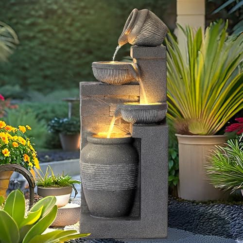USSerenaY 4-Tier Outdoor Indoor Water Feature Fountain, 32 H Indoor Cascading Waterfall with 3 LED Lights, Floor Standing Garden Fountain for Garden, Deck, Backyard, Patio, Yard (Grey)