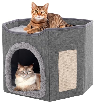 Casa plegable para gatos grandes para interiores, gran cueva para gatos con tabla rascadora, 2 capas camas para gatos, cueva para mascotas pequeñas y medianas, gris