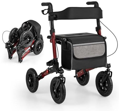 HOMASIS 2 in 1 Deambulatore per Anziani con Seduta, Deambulatore Pieghevole e Regolabile in 7 Altezze, Carrello Rollator in Alluminio per Anziani da Viaggio con Borsa, Fino a 140 kg (Rosso)