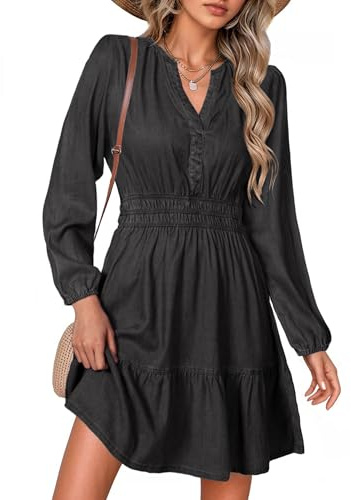 Simplee Womens Fall Denim Dress - Casual Long Sleeve V Neck Empire Waist Ruffle A Line Flowy Short Jean Dresses with Pockets,Denim Black,L