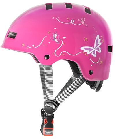 DUZSKJ Verstellbarer Kinderfahrradhelm für Mädchen, Kleinkinder und Jugendliche, Schutzhelm für Skateboard, Fahrrad, Roller, Inline-Skates und Radfahren (Rosa & Schmetterling, S)