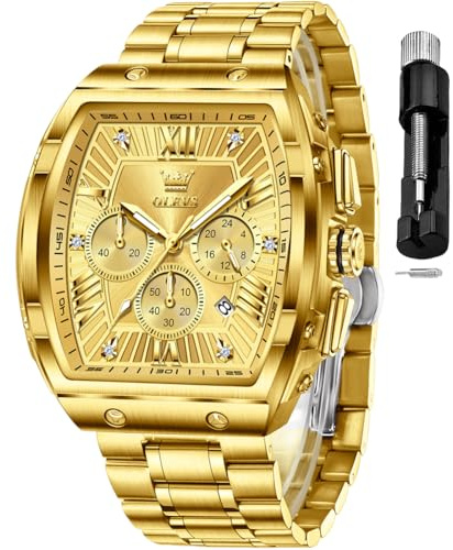 OLEVS Gold Men Watches Chronograph Business Dress Multifunctional Watch Stainless Steel Waterproof Date Gift Square Mens Wrsit Watch