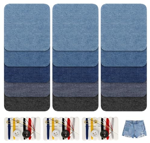 15 Piezas Tela de Parches de Jean, 9 × 10,9 cm 5 Colores Parches Termoadhesivos Parche Jean Termoadhesivo Apliques De Jeans Con kit de Costura Se puede Cortar para Arreglar Roto Jeans Chaquetas Bolsos