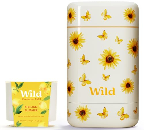 Wild Natural Refillable Deodorant Starter Kit - Limited Edition Sunflower Case with Sicilian Summer Scented Refill (40g) - Aluminium Free - Long Lasting Protection - Vegan