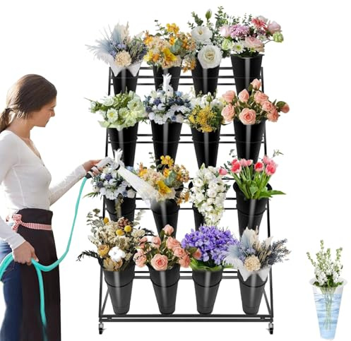 Soporte rodante para plantas de 4 niveles con ruedas de bloqueo, carrito de flores de metal para uso en interiores y exteriores, ideal para decoración de bodas y exhibiciones de floristería