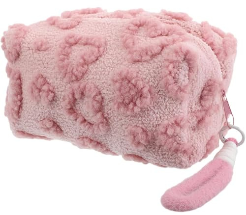KASESSS Plush Makeup Bag, Heart Motif Make Up Bag, Toiletry Bags, Large Cosmetic Bags with Handle, Portable Travel Puffy Flat Organizer with Zipper for Women Home Travel Office Cosmetic Storage, Pink