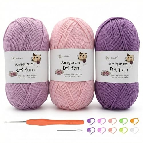 Nissary Häkelgarn 3x100g, Wolle Zum Häkeln & Stricken, 60% Baumwolle + 40% Acryl, Häkelwolle DK für Anfänger mit 2,5mm Häkelnadel und Zubehör, perfekt für Amigurumi und Handwerk rosa