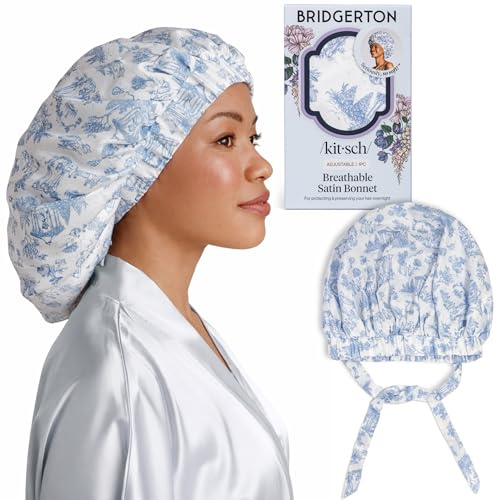 Kitsch x Bridgerton Satin Bonnet for Sleeping - Softer Than Silk Bonnet For Sleeping Women - Secure Fit, Adjustable, Night Cap For Curly & Textured Hair - Prevents Breakage & Tangles - Garden Toile