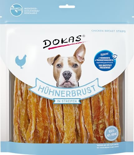 Dokas Dog PECHUGA DE Pollo en Tiras | 500 g | Alimento complementario para Perros | Pechuga de Pollo deshidratada en Tiras | Apto para Perros de Todos los tamaños y Razas