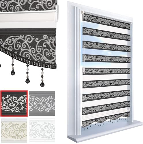 Brillant Doppelrollo Klemmfix ohne Bohren Schwarz Silber 200 x 90 cm (Länge x Breite) Duorollo Blickdicht mit Perlen, glitzert, Raffrollo Fenster Tür Zebra Perde Klemmrollo Seitenzugrollo