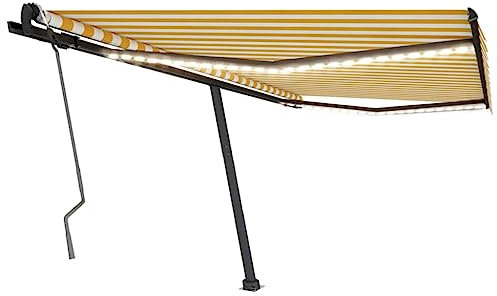 vidaXL Manual Retractable Awning Folding Arm Sun Shade Manual Retractable Awning Outdoor Sunshade Patio Garden with LED 450x300 cm Yellow and White