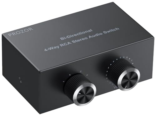 PROZOR RCA Audio Switcher 4(1)-In-1(4)-Out with Volume Control and Selection Button 4 Way Bi-Directional Switcher Gold-Plated Interface Speaker Switch Box with 1.5m/4.9ft RCA Cable for Speaker DVD