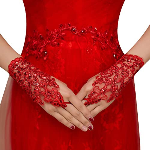 iSpchen Spitzehandschuhe Braut Hochzeitshandschuhe Damen Kurze Handschuhe Elegante Blumen Spitzen Fingerlose Brauthandschuhe Retro Netzhandschuhe für Hochzeitsfeier Kostüm Oper Handschuhe,Rot