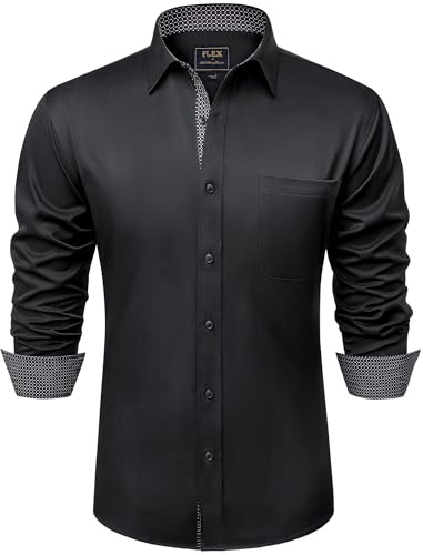 siliteelon Mens Black Shirt Long Sleeve for Men Adult Fashion Regular Fit Casual Formal Shirts with Pocket Work Funeral Concerts Dress Shirt L
