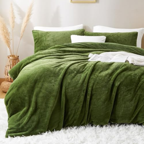 Lanqinglv Plysch sängkläder 135 x 200 grön vit fuskpäls fluffig vintersängkläder varm mysig flanell fleece bäver enfärgad påslakan med dragkedja och 1 örngott 80 x 80 cm