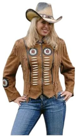 Fami Sports Veste traditionnelle cowgirl western en daim pour femme | Veste/manteau amérindien avec franges, perles et os