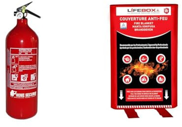 Extincteur à Poudre 2kg Lifebox avec manomètre de Pression pour Feux de Classe ABC & Couverture Anti-Feu 1,2m x 1,8m