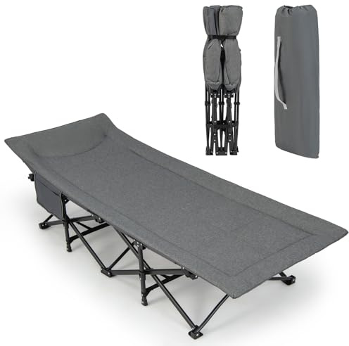 SOARS Lit de camp pliable avec oreiller intégré, poche latérale et sac de transport, charge maximale 200 kg, pour l'intérieur, l'extérieur, 190 x 69 x 48,5 cm (gris)