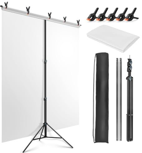 JEBUTU Toile de fond réglable 1,5 x 2 m - Blanc - 1,5 x 2 m - Avec 5 pinces et sac de transport - Pour streaming, jeu, séance photo, produit vidéo, zoom