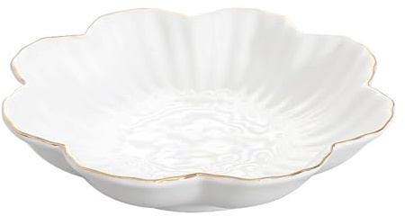 HOKMOKQOK Porslin serveringsfat, keramik blomma njutningsbricka med metallisk kant, serveringsskålar för bröllop, fest perfekt för små flingor, pasta, sallad, godis och mellanmål vit 23 cm, guld, vit