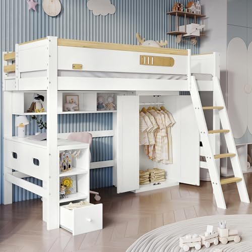 Laxnb Cama Infantile Cama Alta 90x200 cm con Escritorio y Armario, Cama Litera con Barandillas, Cama Juvenil con Almacenamiento Estantería, Estructura Cama Niño de Madera, Sin Colchón, Blanco+Natural